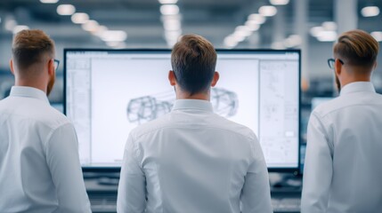 Professionals analyzing digital designs on a large screen in a modern workspace, showcasing teamwork and innovation in technology.
