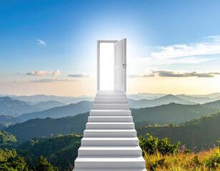 Stairway leads to a bright doorway over scenic mountains