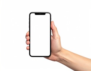 Hand holding phone, screen white, isolated