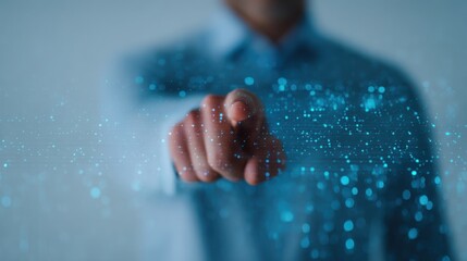 A hand points towards a digital interface, surrounded by floating particles, symbolizing technology and interaction.