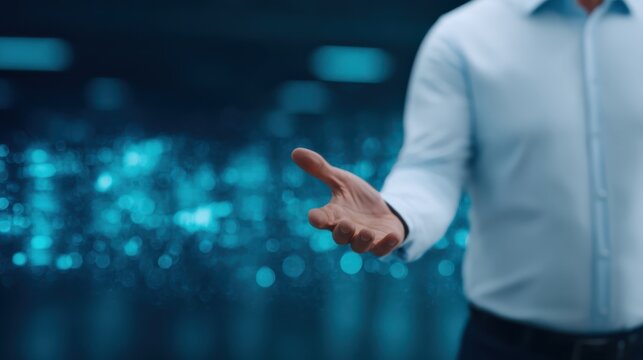 A hand extends towards the viewer, set against a backdrop of shimmering blue lights, suggesting an invitation or offering.
