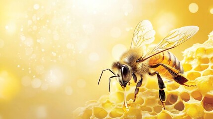 91.A detailed vector of a honey bee hovering over a cluster of colorful flowers, with honey dripping from the hive, all set against a warm, golden background to celebrate World Bee Day.