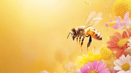 91.A detailed vector of a honey bee hovering over a cluster of colorful flowers, with honey dripping from the hive, all set against a warm, golden background to celebrate World Bee Day.