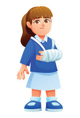 Little girl with a broken arm in a cast and sling. Vector cartoon illustration
