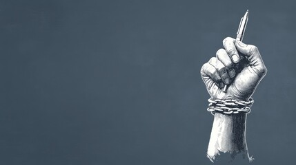 97.A powerful, visual vector of a hand holding a pen, with chains binding the wrist, symbolizing censorship and the fight for press freedom, highlighted by a dark and moody backdrop for World Press