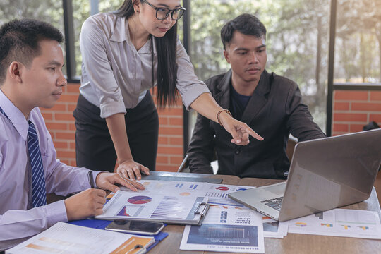 Team business marketing meeting to discuss the situation on business plan, marketing for investment. Selected focus