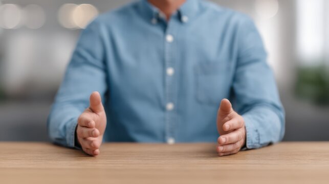 A person in a blue shirt gestures with open hands on a wooden table, suggesting communication or engagement in a discussion.