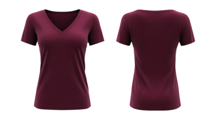 Plain Maroon Women's V-Neck T-Shirt Mockup Front and Back Views 3D Rendering on transparent background