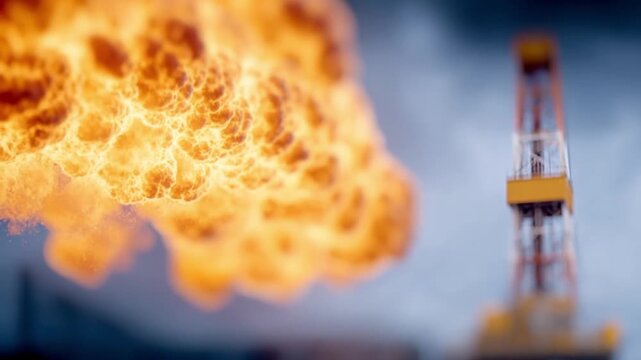 Explosive Flame: A dramatic visual of a sudden explosive flame, engulfing the scene with intense heat and energy, near the industrial drill.