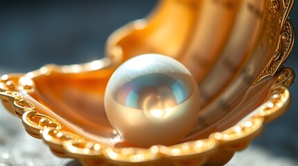 Close up of a pearl inside of a golden decorative shell with ornate details