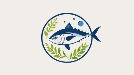 Obraz premium 54.A sleek and minimalistic badge for World Tuna Day featuring a simple tuna fish silhouette inside a circle, accented with blue and green tones symbolizing the ocean and sustainability.