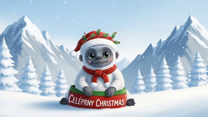 Adorable cartoon Yeti wishing a Celeprny Christmas, perfect for holiday greetings and children's content with a whimsical winter wonderland feel