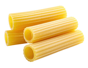 Stack of ribbed, dry, tube-shaped pasta on black