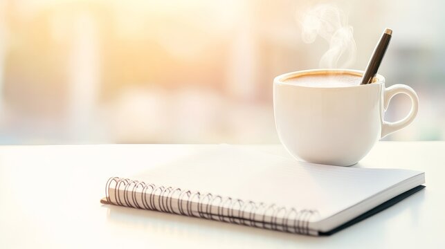 50.A tranquil image of a notebook with an ink pen and a steaming cup of coffee, set against a light-colored background, symbolizing peaceful reflection on the importance of press freedom for World