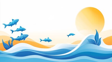 Fototapeta premium 74.A colorful and engaging World Tuna Day banner featuring waves and ocean-themed elements with an editable space for messages, celebrating the importance of tuna conservation and ocean health.