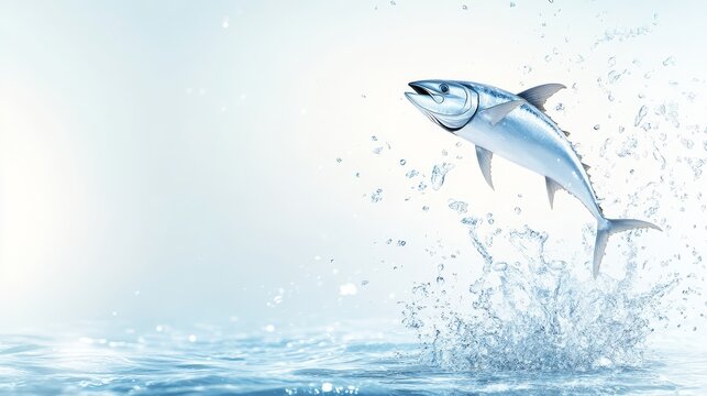 73.A stylish and eye-catching banner template for World Tuna Day featuring a prominent tuna fish jumping out of the ocean with bright and bold typography space, perfect for editable event details and