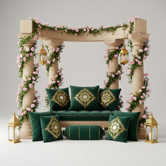 Green ornate seating under a floral canopy with gold lanterns green seating ornate cushions isolated on a transparent background