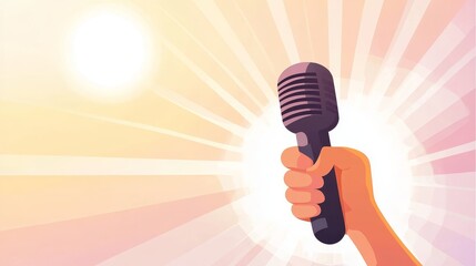 97.An illustration of a microphone being held by a raised hand in a sunset scene, with the glowing sky symbolizing hope and freedom, perfect for World Press Freedom Day celebrations, with text