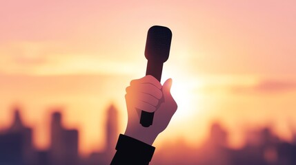 97.An illustration of a microphone being held by a raised hand in a sunset scene, with the glowing sky symbolizing hope and freedom, perfect for World Press Freedom Day celebrations, with text