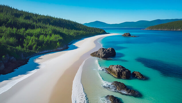 Panoramic Pristine Sandy Beach with Turquoise Waters, Rocky Islands, and Forested Mountains Under Clear Blue Sky