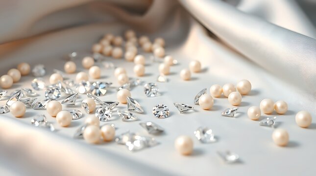 Scattered pearls and diamonds on a white silk fabric in soft light setting