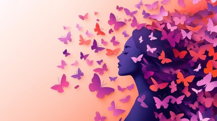 54.A minimalist, paper cut-style illustration of a woman standing confidently, butterflies fluttering around her, with vibrant tones of pink, purple, and orange for International Womenâ€™s Day.