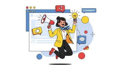 Enthusiastic professional announces new idea while interacting with digital communication elements