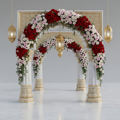 Ornate Wedding Arch with Red and Pink Roses and Gold Lanterns floral isolated on a transparent background