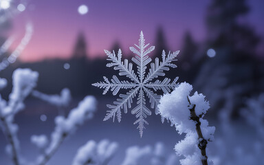 Delicate snowflake resting on icy branch against winter twilight sky