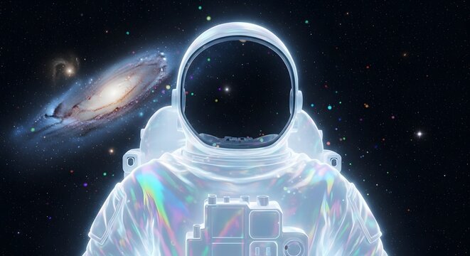 Illustration of astronaut in glowing white suit floating in deep space with a distant galaxy visible in the background