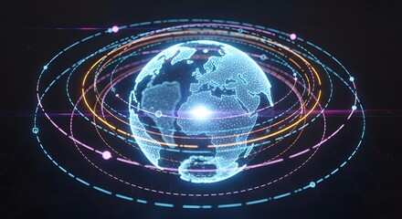 Illustration of digital glowing earth globe surrounded by abstract orbiting data rings and light particles in dark space