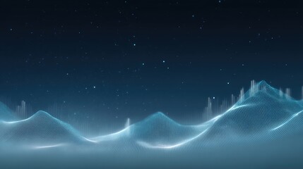 Abstract digital landscape composed of glowing lines and dots representing sound waves and data analysis in a starry night sky background