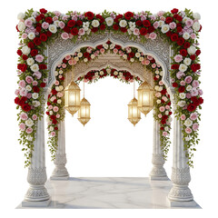 Ornate White Archway Decorated with Red and Pink Roses and Hanging Lanterns wedding isolated on a transparent background