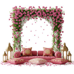 Pink Rose Arch with Pink Sofa and Gold Lanterns and Petals wedding floral isolated on a transparent background