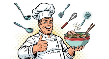 Smiling culinary professional in uniform presents a steaming bowl of prepared noodles with various floating cooking utensils