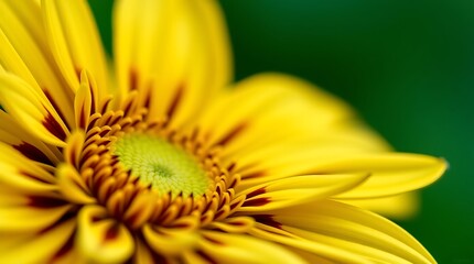 Close up of a vibrant yellow flower with a green center on green background