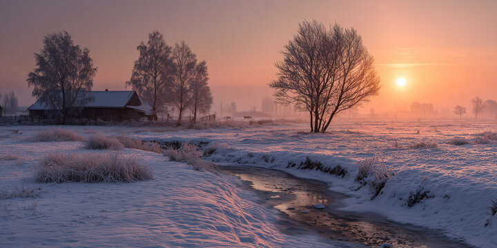 Tranquil winter landscape with snowy field and sunrise over stream  