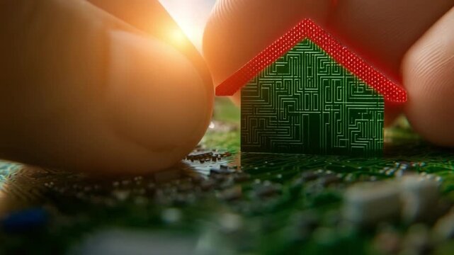 Tech House: Close-up of a tiny house, built from an intricate circuit board, delicately held between fingers, evoking a sense of innovative technology and futuristic real estate.