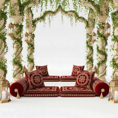 Red and gold ornate seating area under a floral arch with lanterns red seating white background isolated on a transparent background