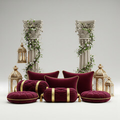 Ornate Pillars with Burgundy Cushions and Golden Lanterns graphic design isolated on a transparent background