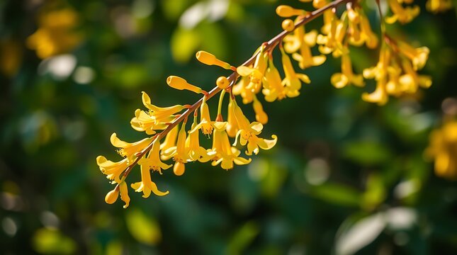 Close up of a branch with many small yellow flowers in a natural setting