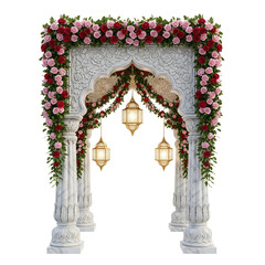White Wedding Archway with Red and Pink Roses and Hanging Lanterns floral decoration isolated on a transparent background