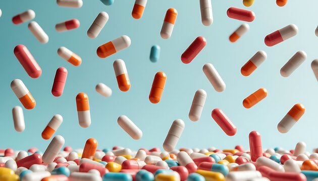 Medical pills falling and scattered on blue background. Healthcare and pharmacy concept. Medicine and treatment for illness.