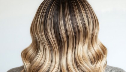 Naklejka premium Rear view of a woman with long wavy blonde and brown balayage hair color on a neutral background for beauty and hair care.