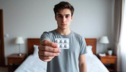 Young man holding a blister pack of white pills, a prescription drug medicine. Home healthcare concept.