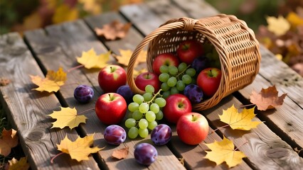 Autumn harvest still life of apples grapes and plums in basket on wooden table with fall leaves decor