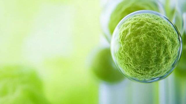 Close-Up of Algae Cells: An evocative close-up reveals a microcosm of life, featuring vibrant green algae cells suspended within a glass container, set against a blurred background. 