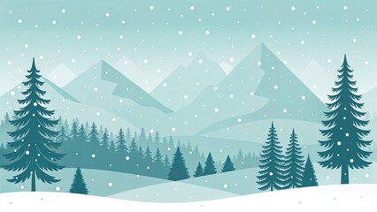 A winter landscape with snow falling on pine trees and mountains in a serene and peaceful scene | ai generated