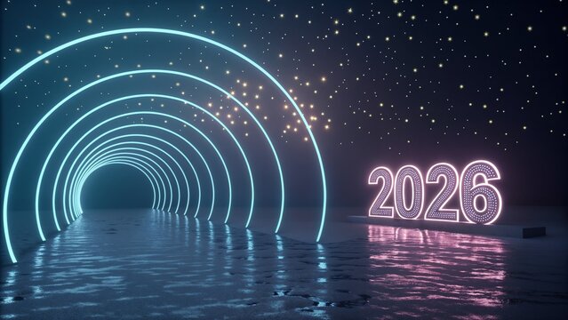 A glowing tunnel of light leading to the year 2026 under a starry night sky with water reflections | ai generated