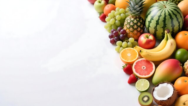 Fresh fruit platter healthy eating concept with assorted fruits on white background top view flat lay